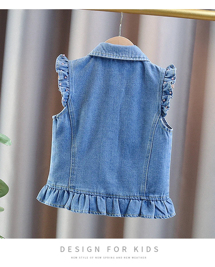 New Fashion Kids Children's Denim Vest with Bow and Pearl for Toddler Girls Denim Waistcoat Baby Lovely Style Sleeveless Jacket