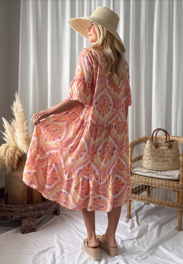 New Plus Size Women Boho Paisley Print Shirt Dress, Casual Flowy Ruffle Hem Long Dress for Summer Vacation Daily Wear