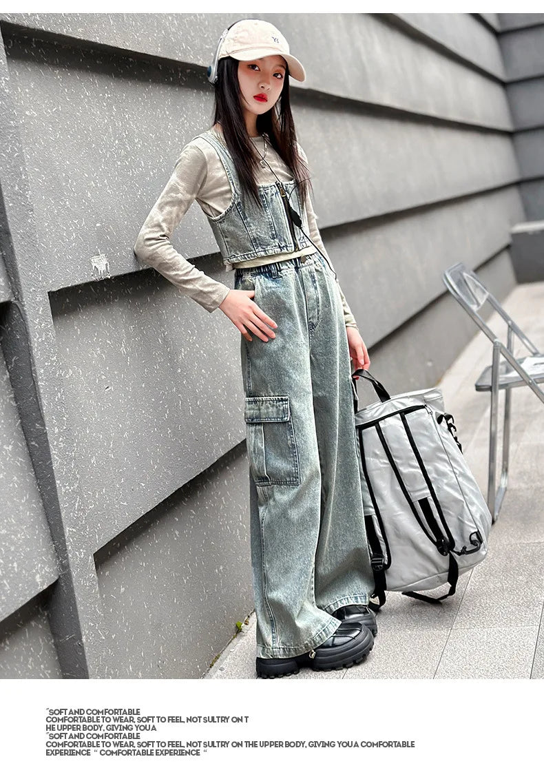 vetement enfant fille denim vest+top t shirt+cargo pants jeans three pcs kids girls clothes sets childer outfits clothing suit