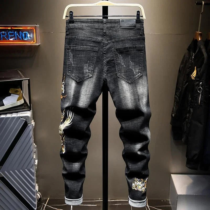 Jean imprimé homme 90s – Coupe ample streetwear noir ou bleu