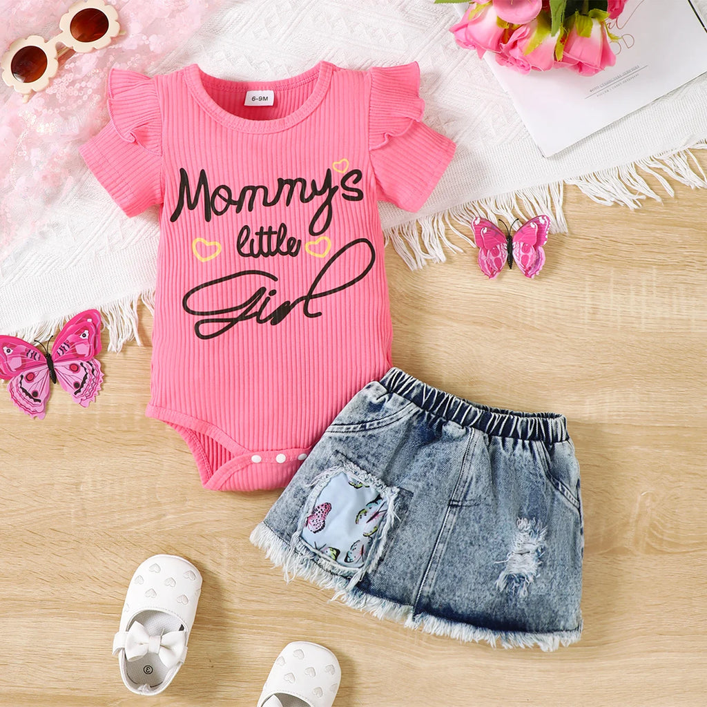 Newborn Baby Set - Mom's Girl Letter Printed jumpsuit+Cowboy Skirt 2Pcs/ Set Suitable for Cute Baby Girls 0-18 Months Summer Set