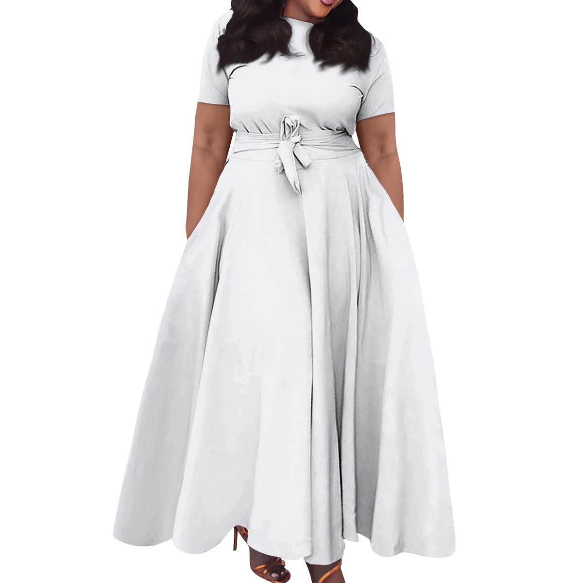 dress for women Casual Fashion Large Size sexy long dresses Solid Color Round Neck dress Short Sleeve Pocket Straps Swing elbise