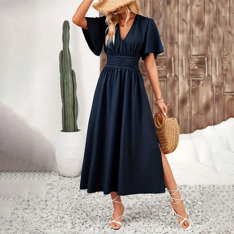 Women Ruffle Solid Pleated Long Dress Chic V Neck Short Sleeved  Black Blue Lace Up Robes Summer Lady High Street Wear Holiday