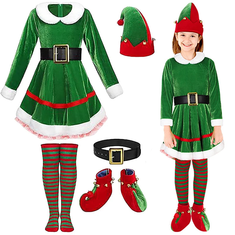 Enfant Christmas Elf Costume Set Velvet Dress Belt Striped High Socks Hat Shoes Xmas Outfit Santa Helper Fancy Dresses 2026