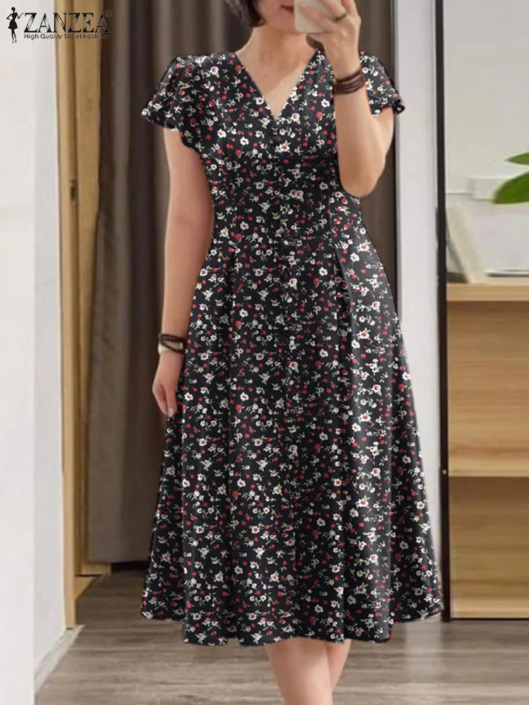 2024 ZANZEA Elegant Summer Dress Women Bohemian Sundress Robe Femme V Neck Short Sleeve Floral Printed Holiday Vestido Kaftan