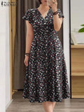 2024 ZANZEA Elegant Summer Dress Women Bohemian Sundress Robe Femme V Neck Short Sleeve Floral Printed Holiday Vestido Kaftan
