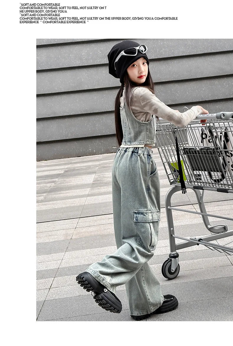 vetement enfant fille denim vest+top t shirt+cargo pants jeans three pcs kids girls clothes sets childer outfits clothing suit