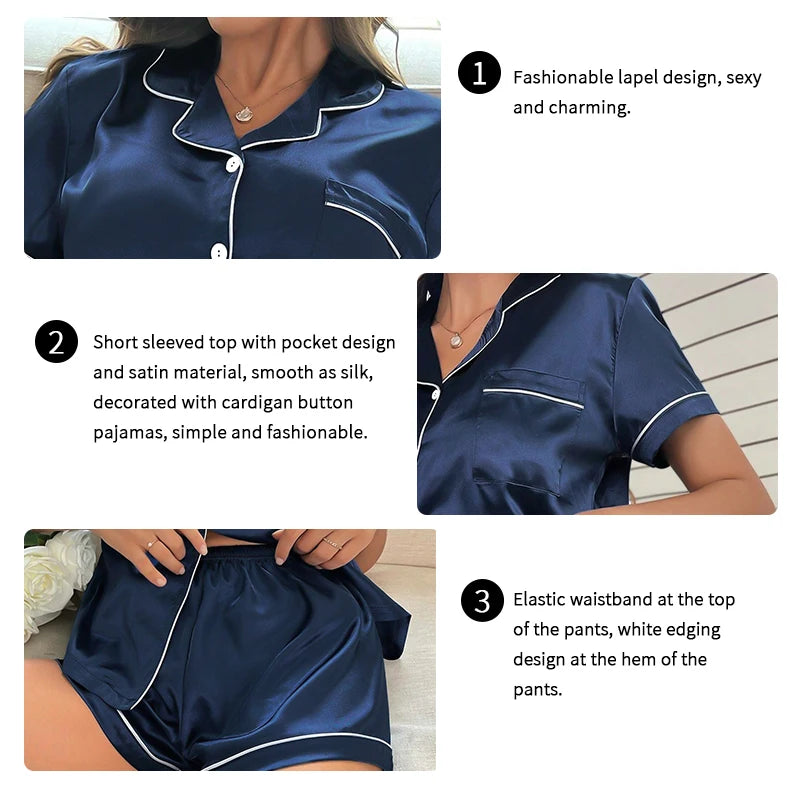 Elegant Satin Solid Pajamas Set Short Sleeve Lapel Buttons Top And Shorts Breathable Fabric Skin-Friendly Fit Women's Sleepwear