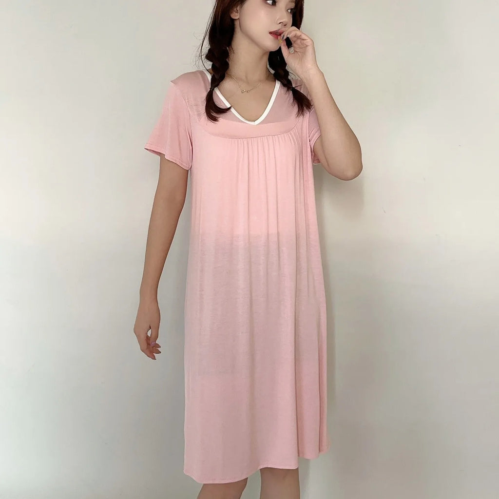 Plus size L to 6XL Modal V-Neck sleepdress summer women Loose homewear dress solid color casual long nightdress comfort homewear