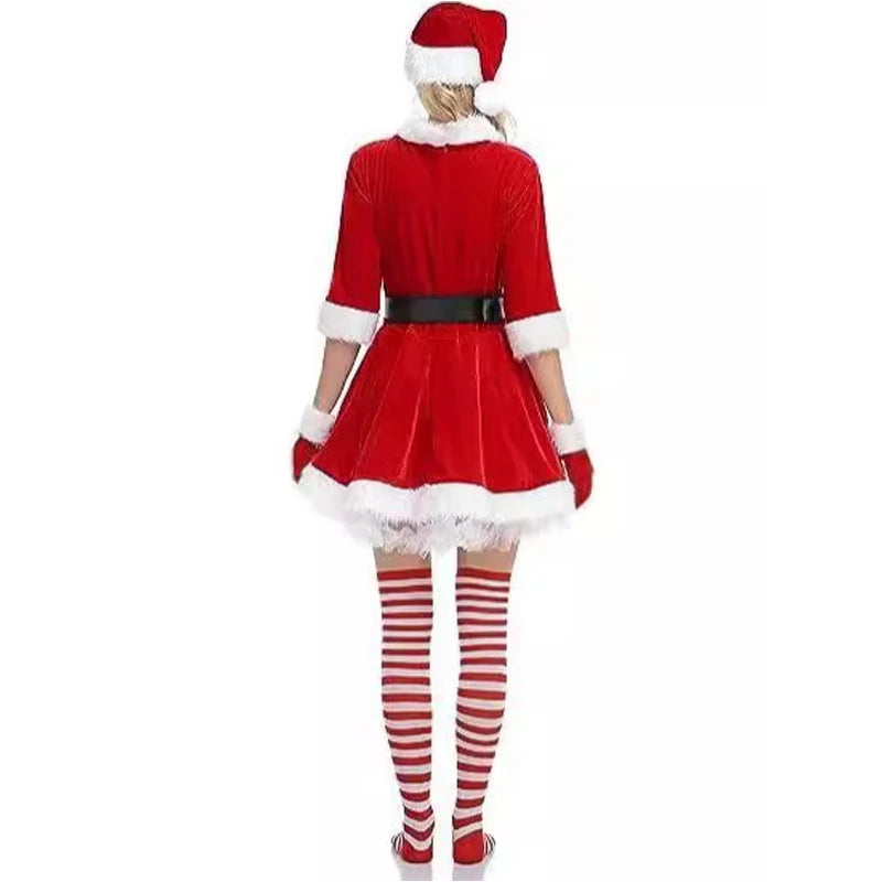 Women's Christmas Costume Set Santa Claus Outfit Velvet Dress With Striped Thigh-High Socks and Elf Hat