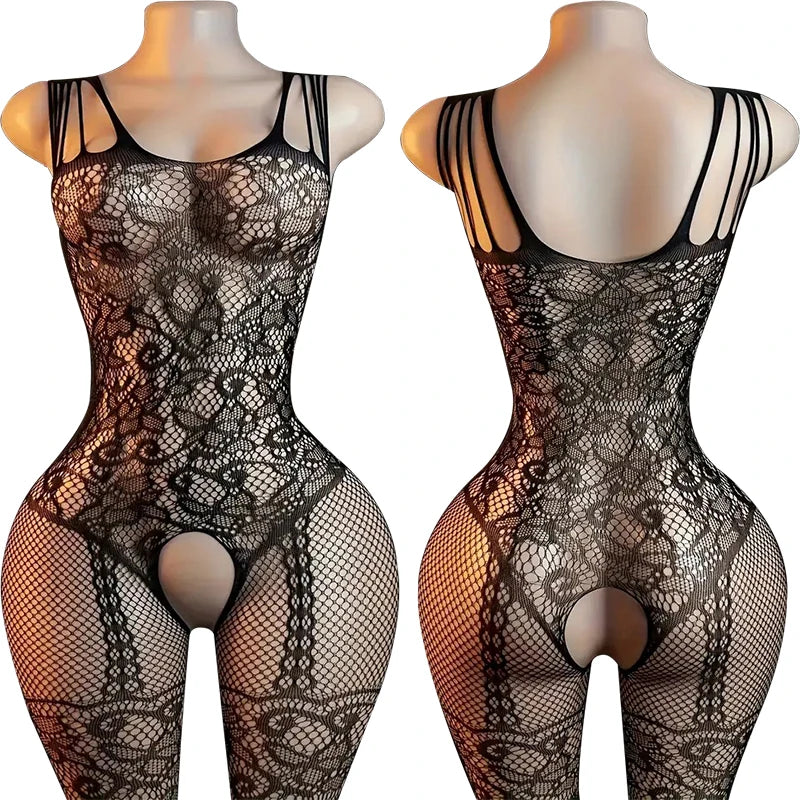 Off Shoulder Mesh Floral Print Baby Dolls Dress Short Sleeve Erotic Crotchless Lingerie Women Sexy Hollow Open Bra Bodystockings
