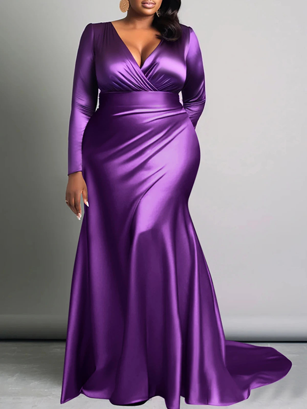 Plus Size Elegant Women Dress Solid V-Neck Long Sleeve High Waist Luxury Evening Gown Party Wedding Guest Fishtail Long Dresses