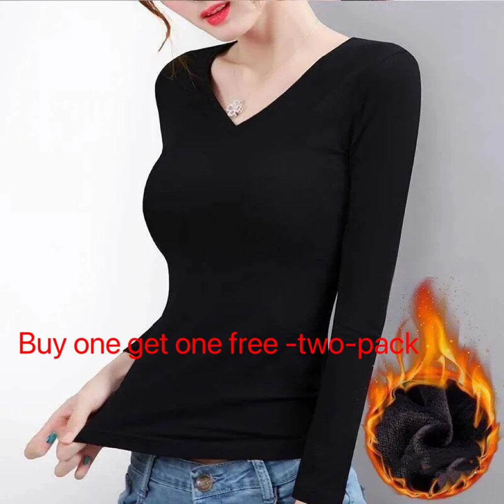 1pcs Women Velvet Thermal UnderwearT-shirt Solid Color V-Neck TShirt Winter Warm Top Female Round Neck Long Sleeve Tee Pullover