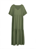 plus Size Women's Casual Loose V-Neck Solid Long Dress Spring Summer Pleated Big Size Women's Dress
