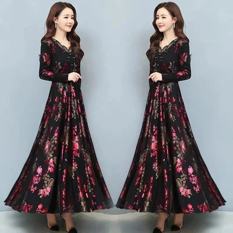 Spring Autumn New Women Dress Elegant Temperament Long A-Line Dress High End Fashion Lace Printed Beading Dresses Vestidos Mujer
