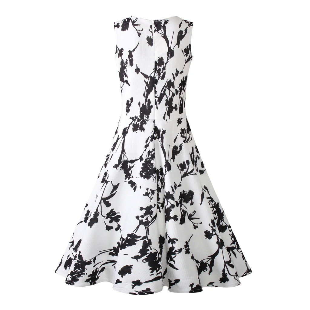 Summer Women Dress Clothing Floral Print Robe Retro Swing Casual Vintage Rockabilly