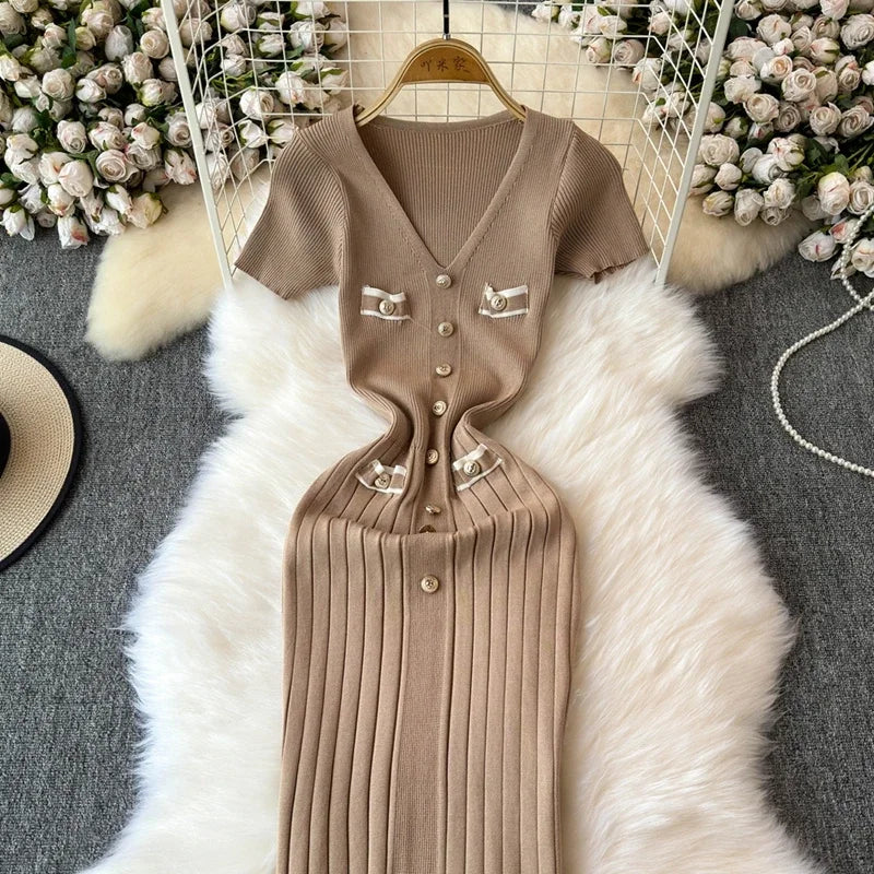 Elegant Knitted Long Dress Women Summer V Neck Single Breatsed Short Sleelve Bodycon Dresses Fashion Party Office Lady Vestidos
