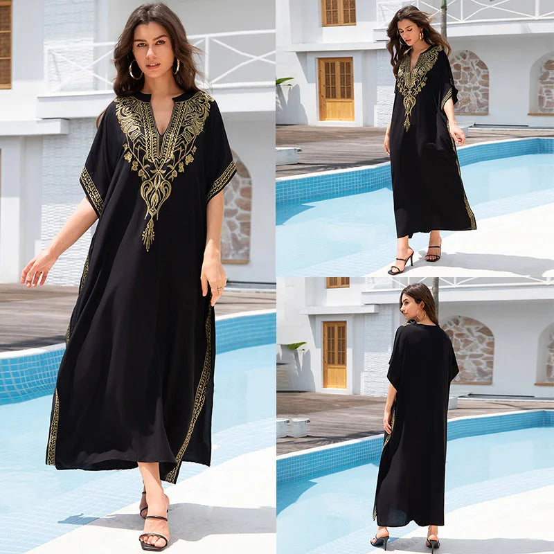 Boho Dress Women's Fashion Cotton Embroidered Beach Sun Protection Dresses For Women Loose Robe Bikini Swimsuit Outer Blouse