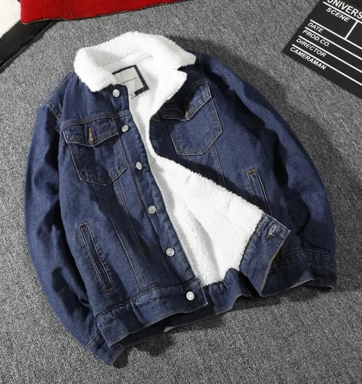 Men's Denim Jacket Autumn Winter Thickened Fleece Collar Cotton Jacket Loose Fit Warm Korean Style Lamb Velvet Lined Coat