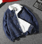 Men's Denim Jacket Autumn Winter Thickened Fleece Collar Cotton Jacket Loose Fit Warm Korean Style Lamb Velvet Lined Coat
