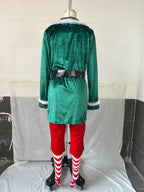 Christmas Elf Costume for Adults Men Women Couple Green Velvet Dress Suit Belt Hat Striped Stockings Xmas Party Cosplaywear