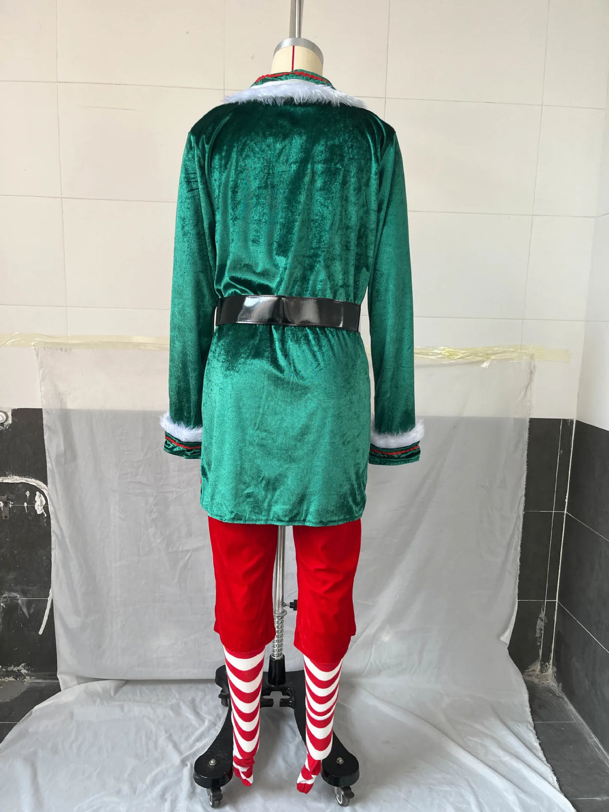 Christmas Elf Costume for Adults Men Women Couple Green Velvet Dress Suit Belt Hat Striped Stockings Xmas Party Cosplaywear