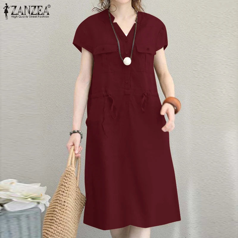 Summer Fashion Short Sleeve Dress ZANZEA Women Casual Drawstring Waist Vestidos Knee-length Robe Femme Elegant OL Work Sundress