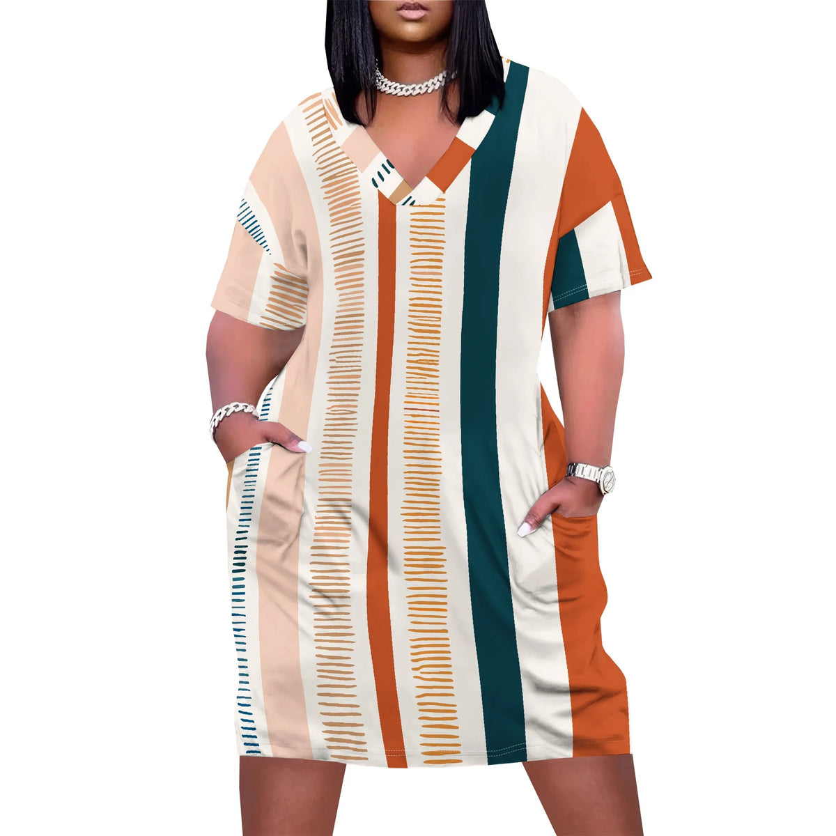 Plus Size Women Casual T-Shirt Dress V Neck Short Sleeve with Front Two Pockets Solid Color Oversize Dresses