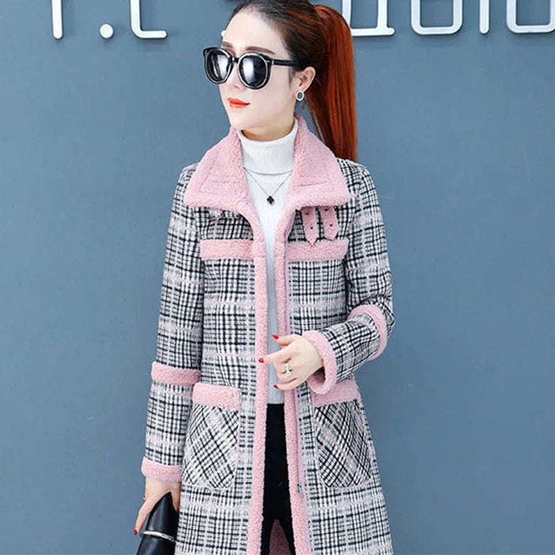 Manteau Long Laine Femme À Carreaux – Grande Taille Chaud Hiver Slim