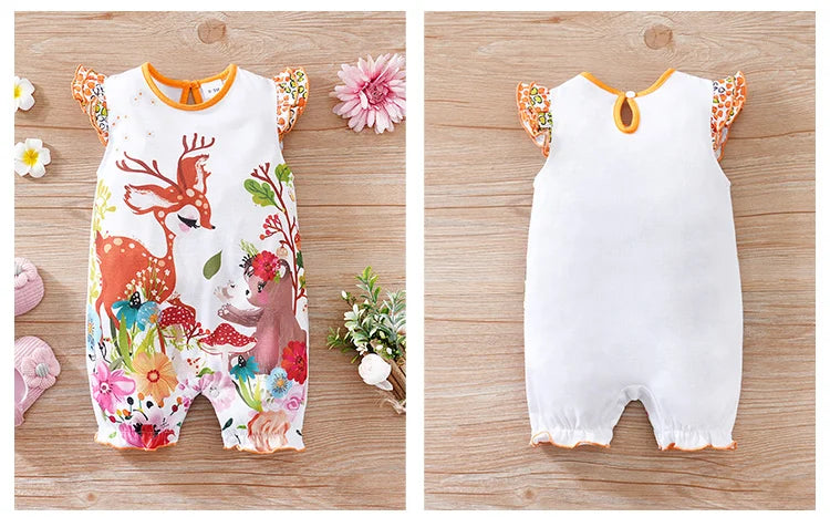 Newborn Clothing Cute Cartoon Elf Deer Print Comfortable And Soft Summer Boys And Girls 0-18 Flying Sleeve Baby Jumpsuit