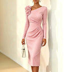 Banquet Dress for Women Elegant Sweet 3D Flower Ruched Bodycon Midi