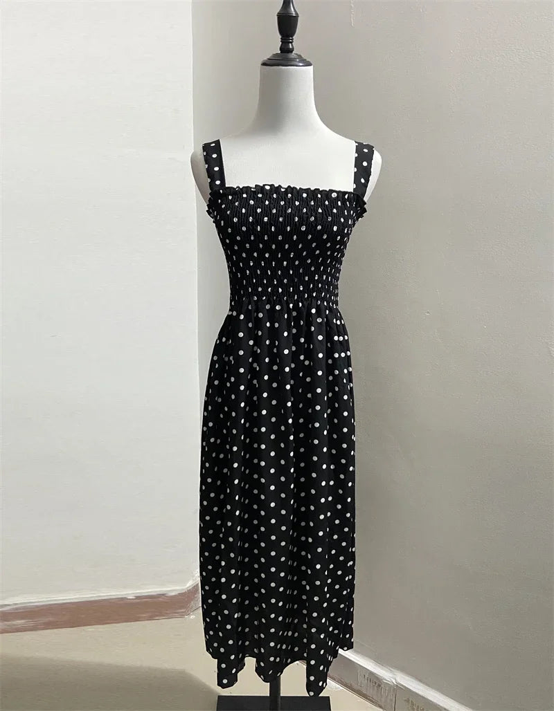 robe femme Summer Polka Dot Womens Dresses Elegant Square Neck Sleeveless Chiffon Long Dress Super Discount vestidos para mujer