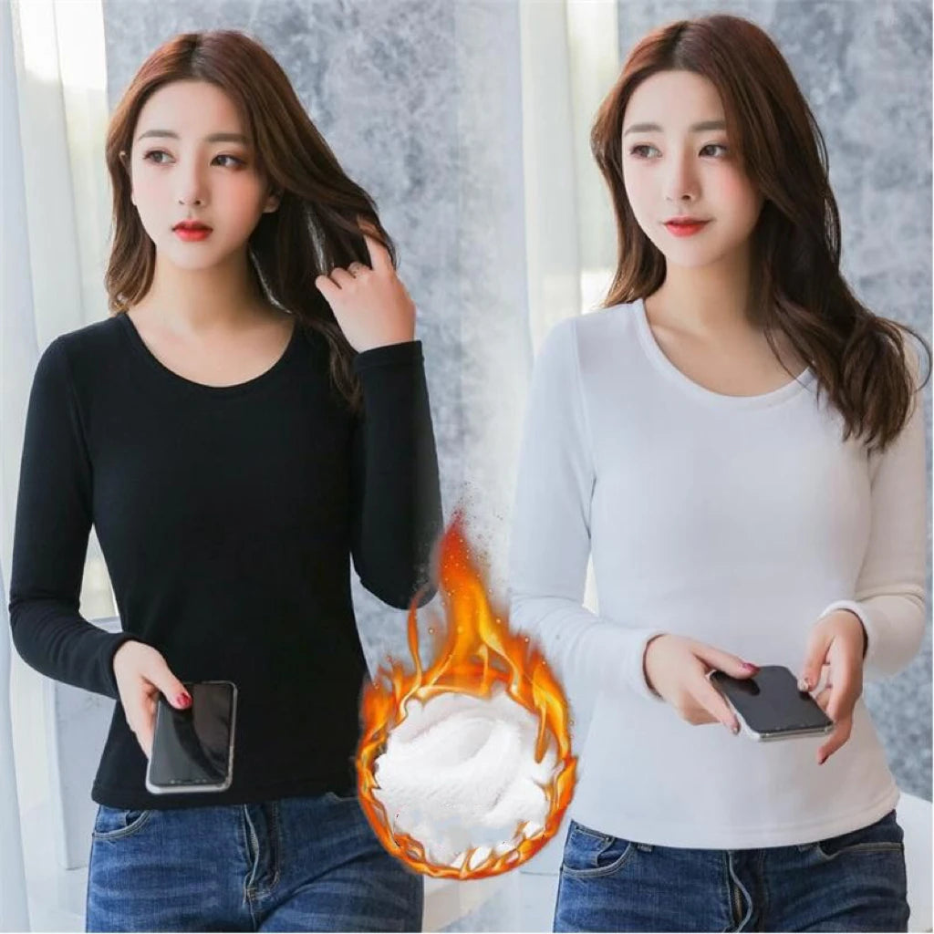 1pcs Women Velvet Thermal UnderwearT-shirt Solid Color V-Neck TShirt Winter Warm Top Female Round Neck Long Sleeve Tee Pullover