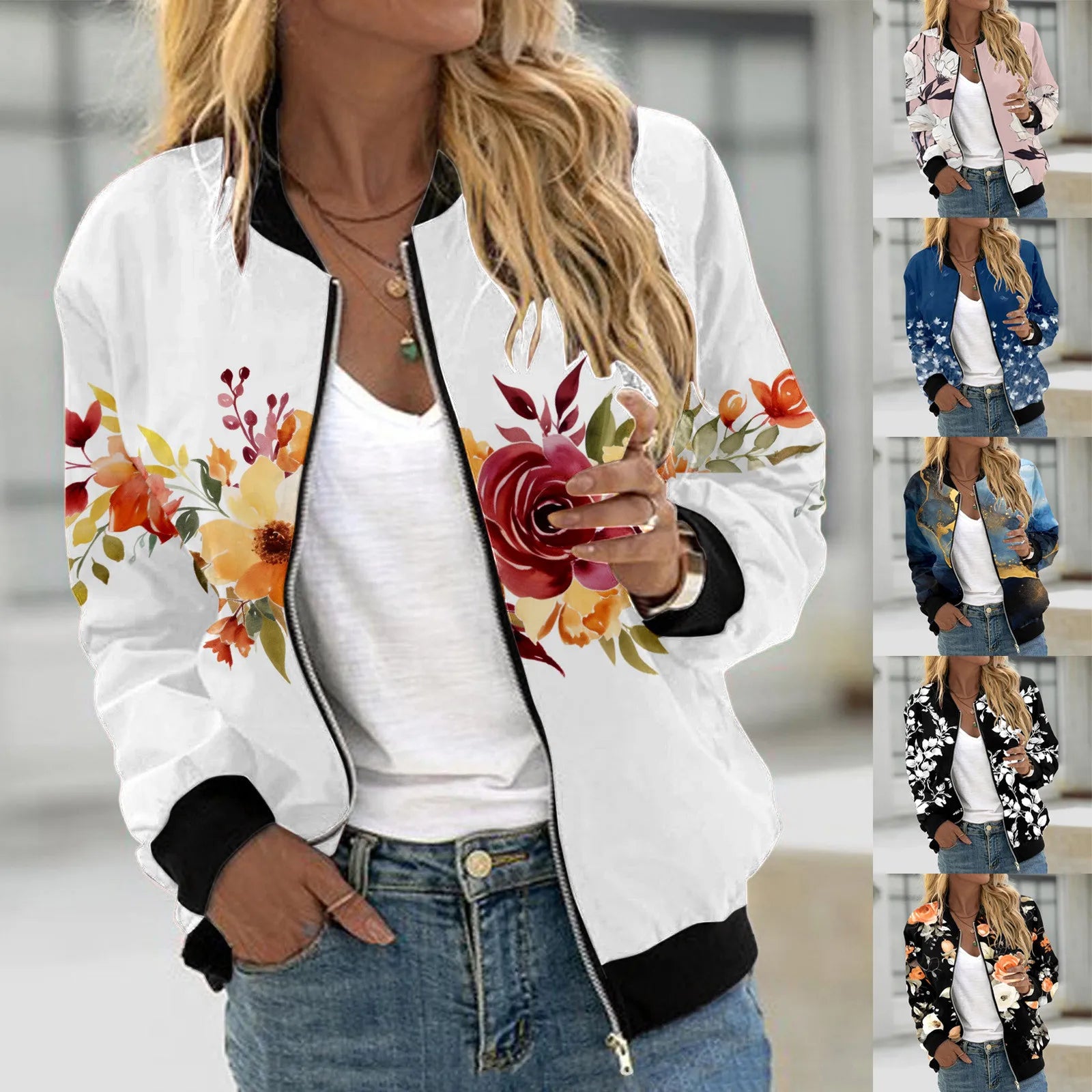 Veste Bomber Femme Imprimé Floral – Courte Zipée Casual Automne Hiver