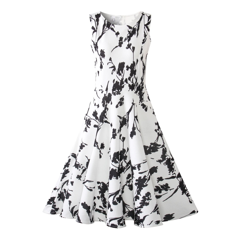 Summer Women Dress Clothing Floral Print Robe Retro Swing Casual Vintage Rockabilly