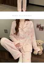 Pyjama femme rose à rayures et nœuds – Ensemble long