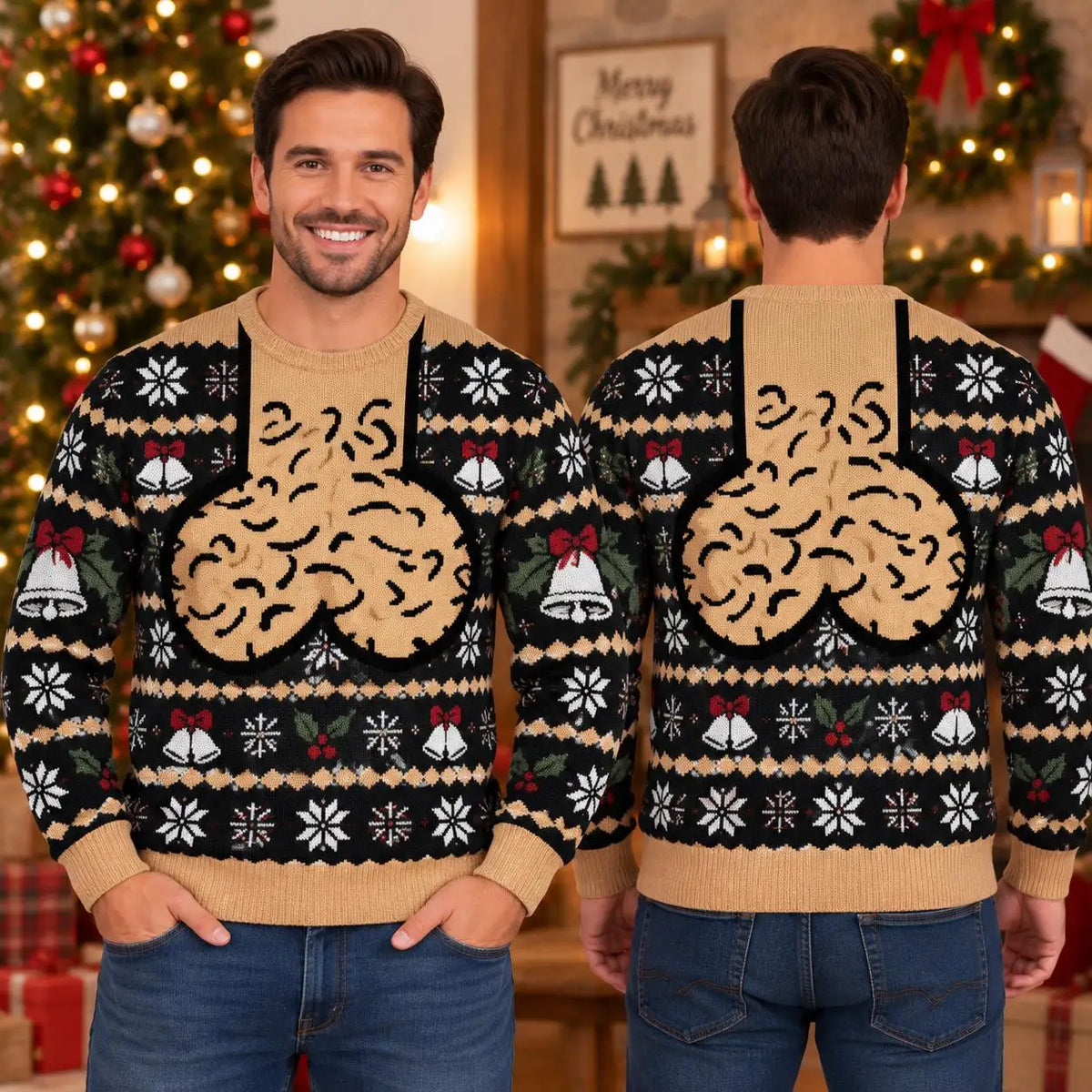 Men Christmas Ugly Shirt Funny Chest Hair Suspender Crew Neck Long Sleeve Snowflake Bell Green Red Blue Xmas Party Gifts