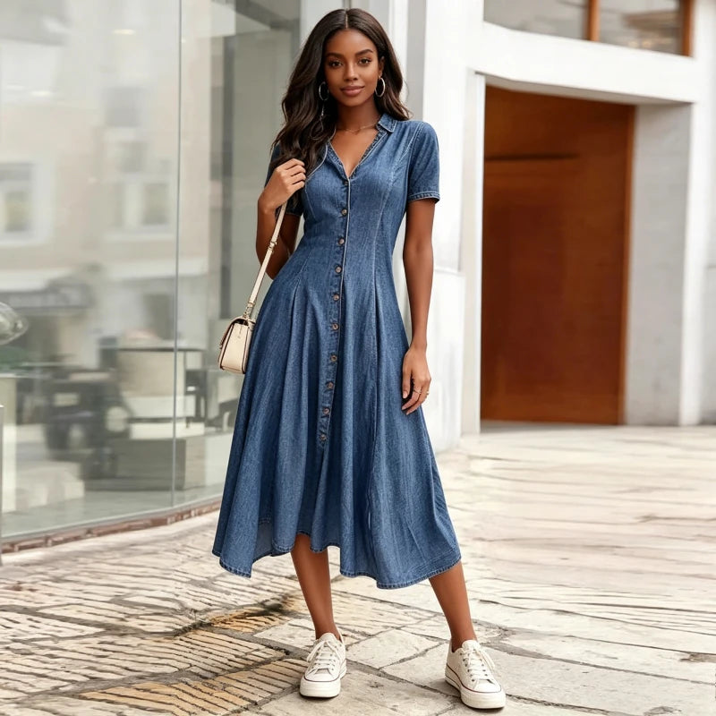 Denim Dress Women Washed Vintage Dresses V Neck Single Breasted Short Sleeve A Line Summer Streetwear Distressed Vestidos