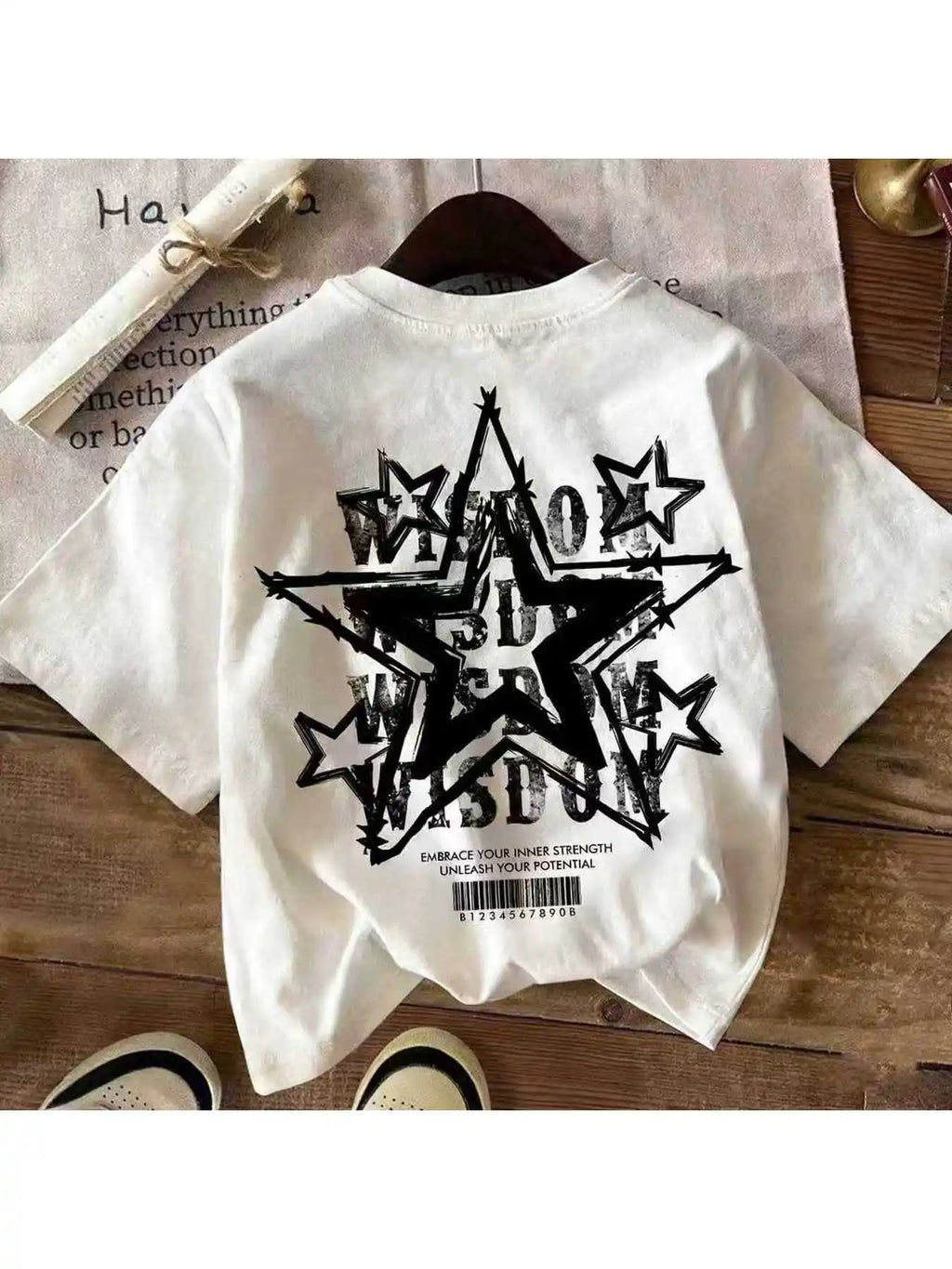 Children's T-Shirt Star Letter Pattern Printed Comfortable round Neck Short Sleeve Solid Color Casual Elegant Top for Kids