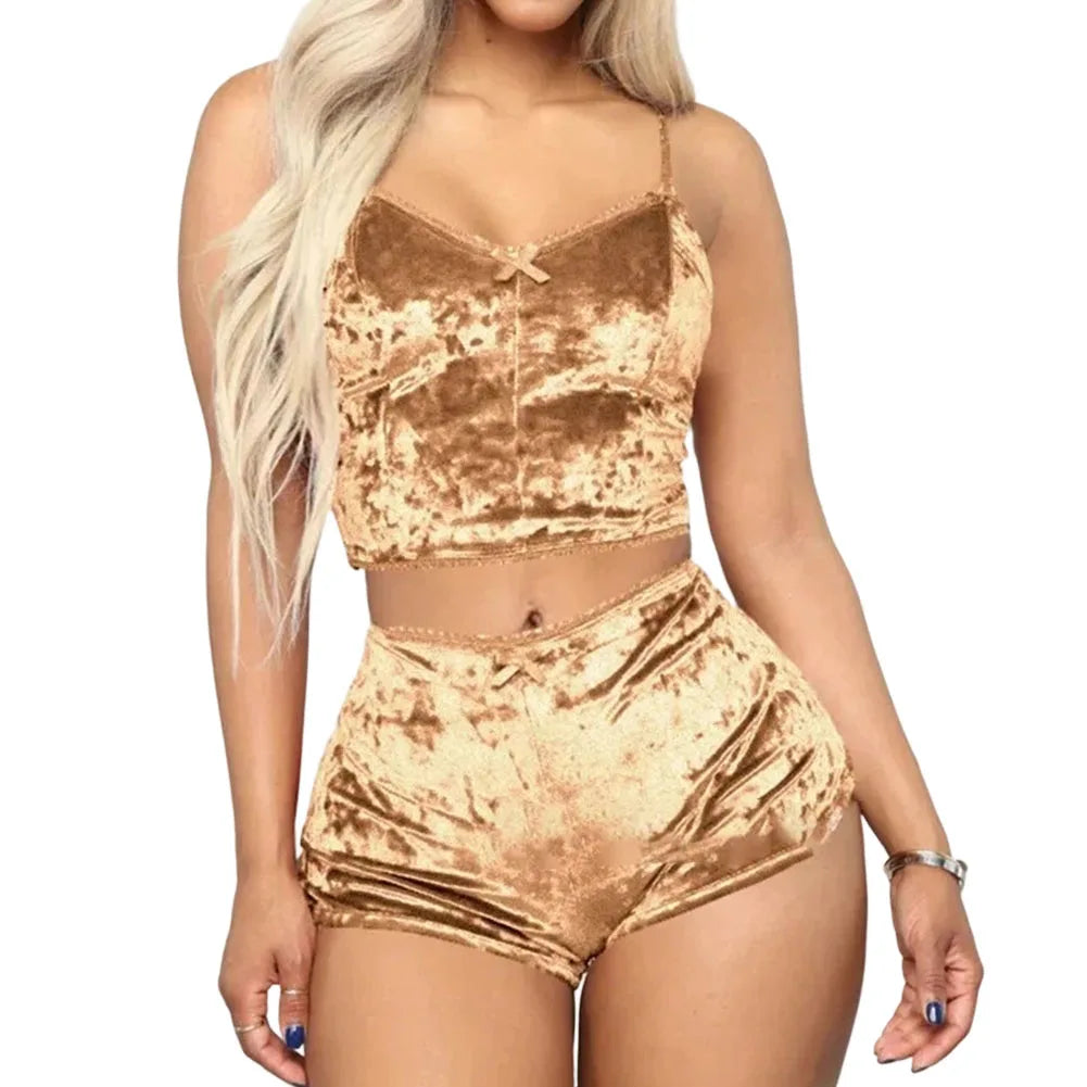 Women's Velvet Polyester Comfortable V-neck Underwear Setcamisole+shorts Pajamas Set Home Clothes Sleeveless Shorts