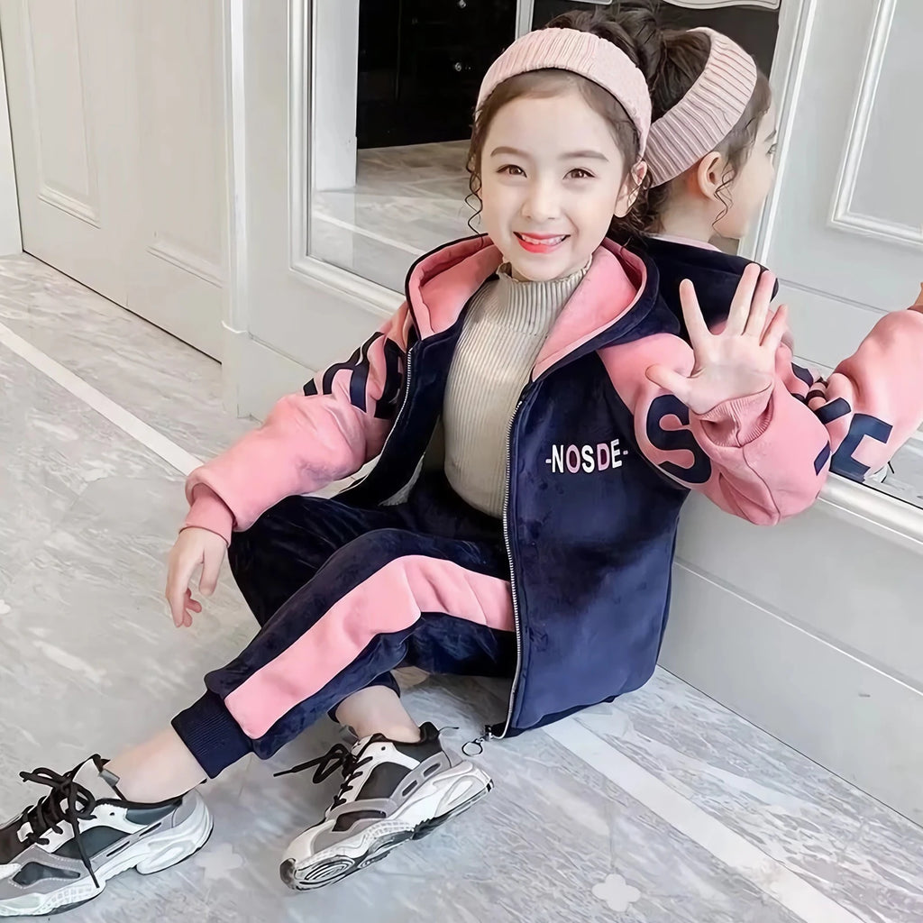 Kids Velvet Tracksuits,Cotton Jogging Suits,2-Piece Hooded Long Sleeve Sweatshirt + Pants Set,Girls Jacket,Casual Sports Wear