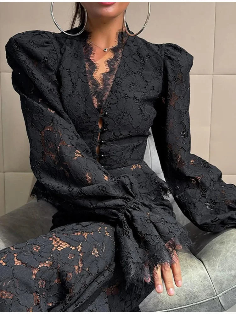 Elegant Solid Lace Ruffles Maxi Skirt Set Women Vintage Single Breasted Flared Sleeve V-neck Slim Blouse Suit Lady Party Outfits