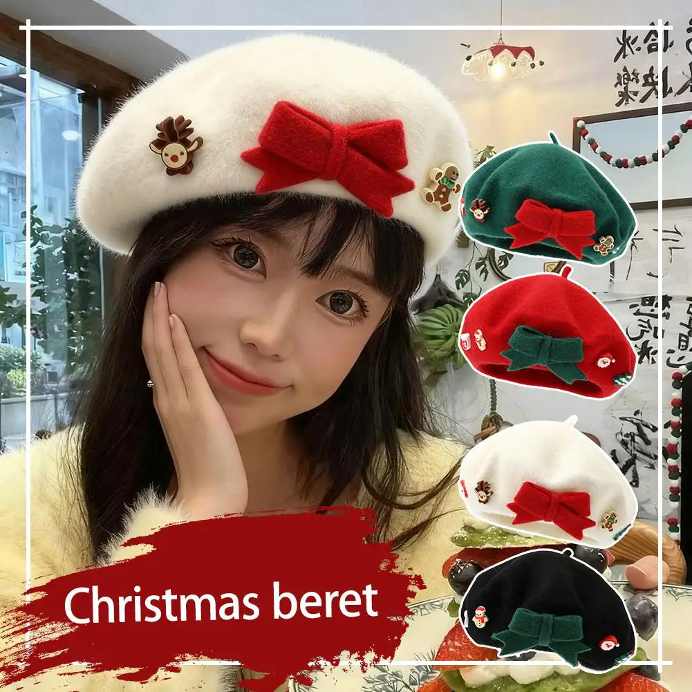 Fashion Christmas Beret Hat Red Green Sweet Christmas Beret Hat Wool Felt Dress Up Xmas Painter Hat New Year Gifts