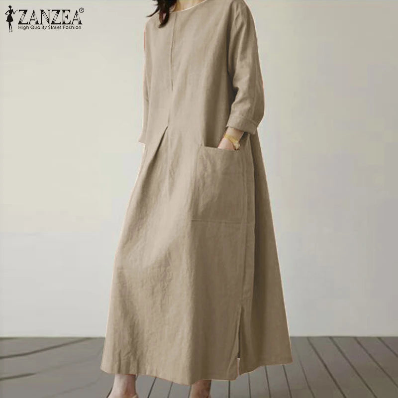 2024 ZANZEA Fashion Summer Vintage Women Solid 3/4 Sleeve Sundress Baggy Loose Casual Dress Oversize Vestidos Kaftan Robe Femme