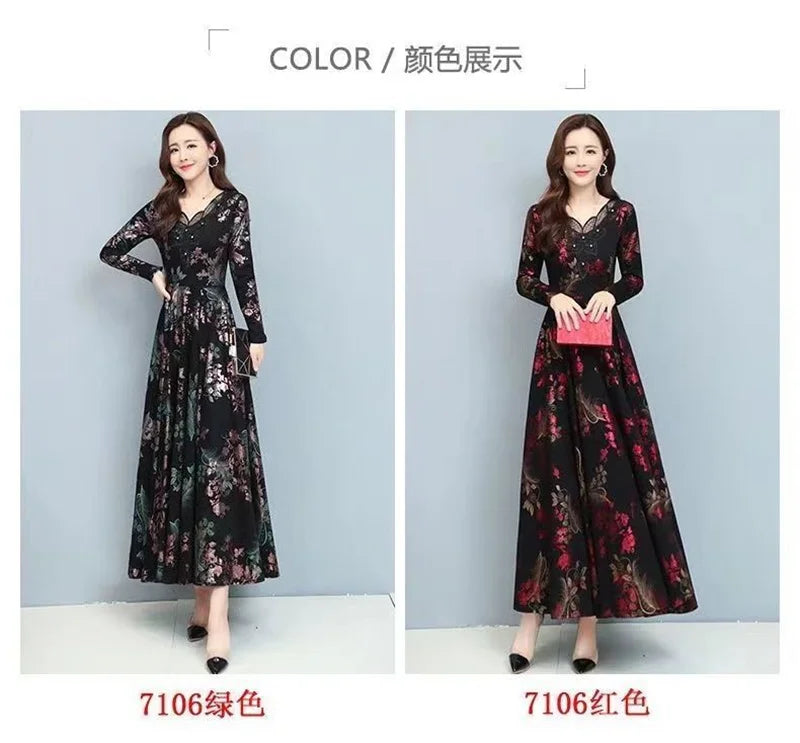 Spring Autumn New Women Dress Elegant Temperament Long A-Line Dress High End Fashion Lace Printed Beading Dresses Vestidos Mujer