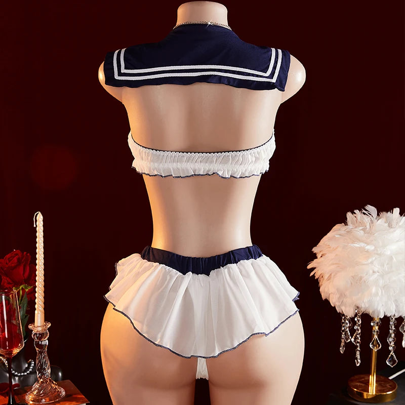 Women Uniform Temptation Sexy Lingerie Crotchless Nightgown Underwear Set Schoolgirl Cosplay Uniform Sex Outfit Erotic Costumes