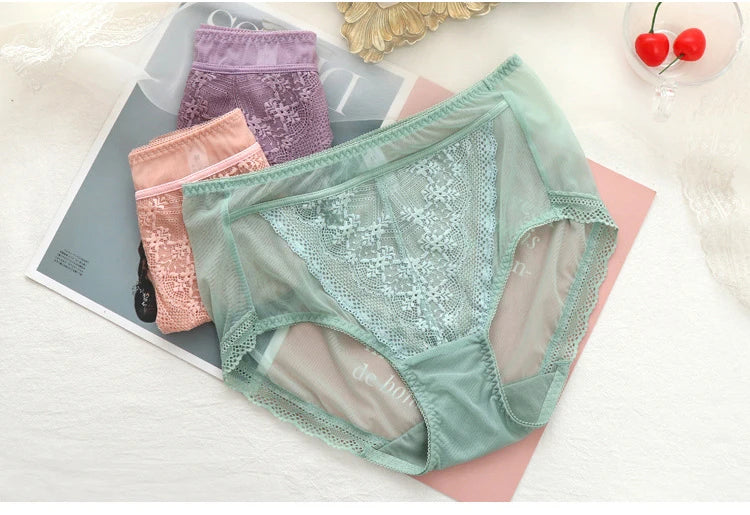 Women Transparent Lace Panties Large Sizes with High Waist Summer Sexy Mesh Hollow Out Briefs Women's Underwear Plus Size