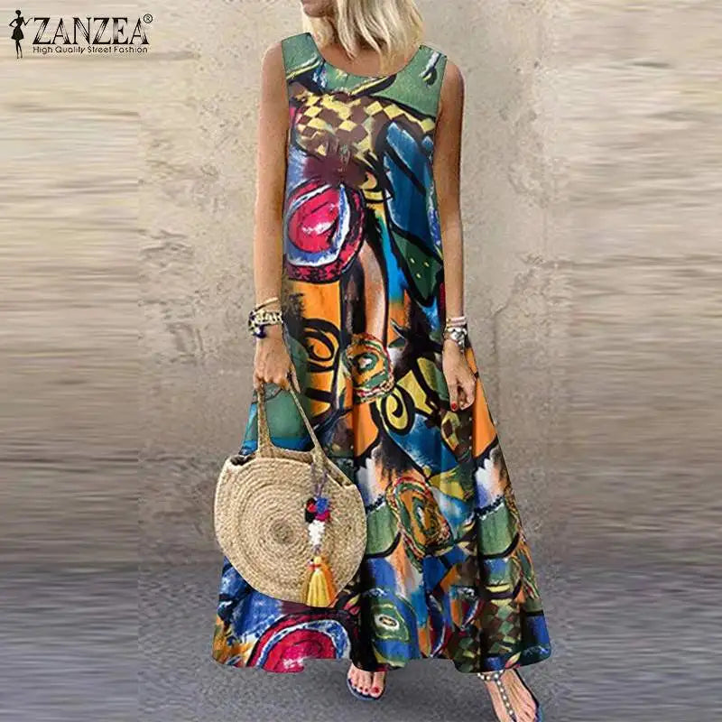 ZANZEA Women Bohemian Summer Dress Causal Sleeveless Floral Printed Sundress Robe Femme Vintage Kaftan Beach Vestido Sarafans