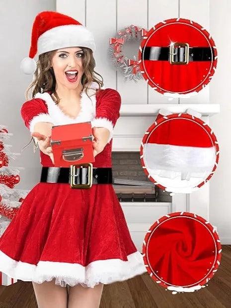 Women's Christmas Costume Set Santa Claus Outfit Velvet Dress With Striped Thigh-High Socks and Elf Hat