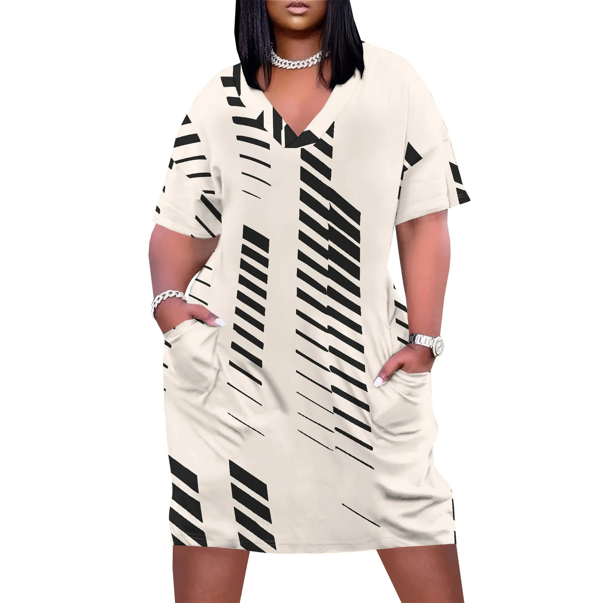 Plus Size Women Casual T-Shirt Dress V Neck Short Sleeve with Front Two Pockets Solid Color Oversize Dresses